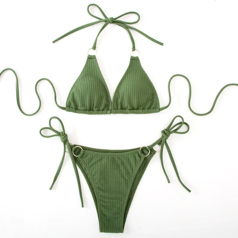

Army Green Thong Micro Bikinis Sets Sexy Swimsuit Women 2025 String Halter Triangle Swimwear Bathing Suit Ribbed Bikini Biquinis