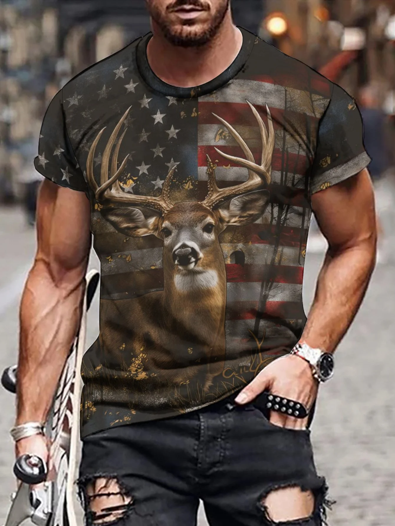 2024 New Men's 3D Graffiti Sika Deer Pattern T-shirt, Casual Cool Micro Elastic Breathable T-shirt, Summer Outdoor Men's Wear