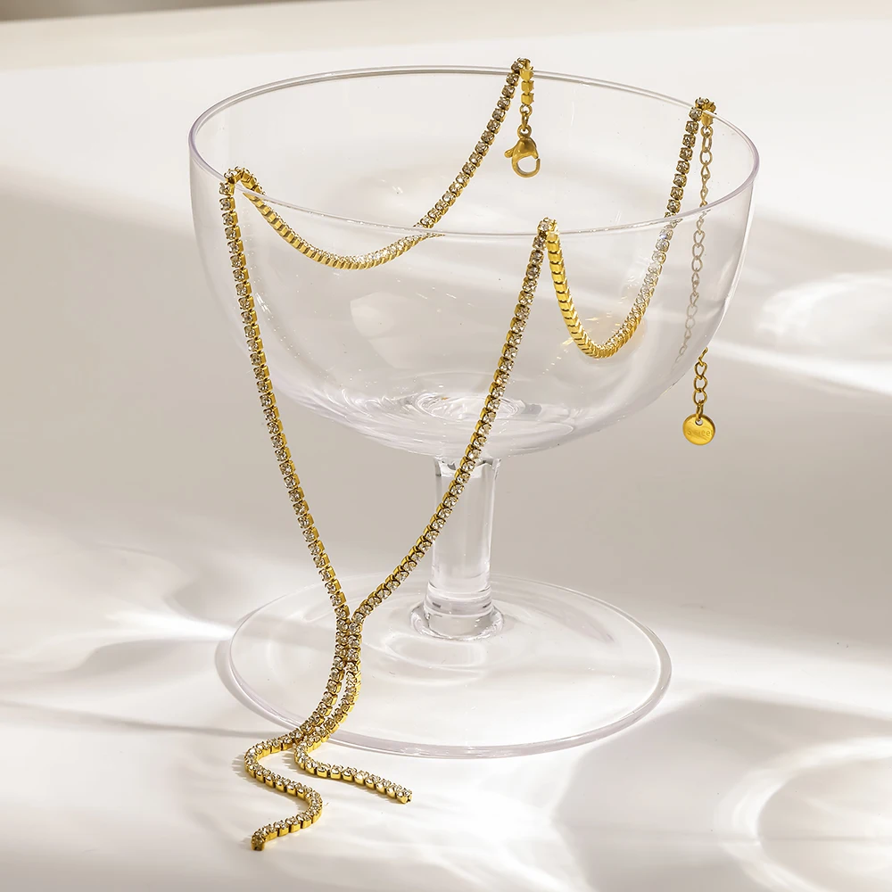 Sparkling 18K Gold Plated Full Pavé Zirconia Tassel Tennis Necklace Stainless Steel Chain Luxury Dainty Jewelry for Women Party