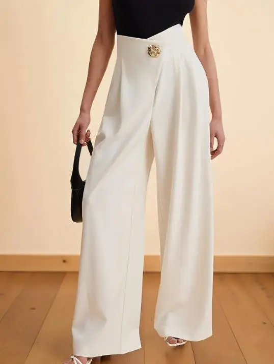 Women's Pants 2026 Spring and Summer Fashion Elegant Temperament, Commuting Style, High Waisted Metal Buckle Wide Leg Pants