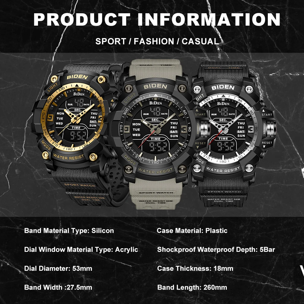 Watch Sport LED Light Alarm Clock Dual Time Display WaterproofWeek Auto Date Wristwatches Quartz