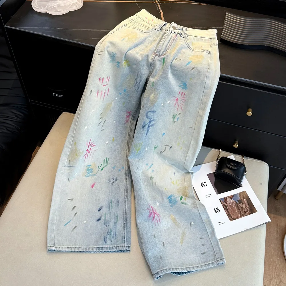 

Летние новые джинсы с высокой талией, свободного прямого кроя, женские повседневные джинсы с ручной росписью в стиле граффити, широкие брюки из денима