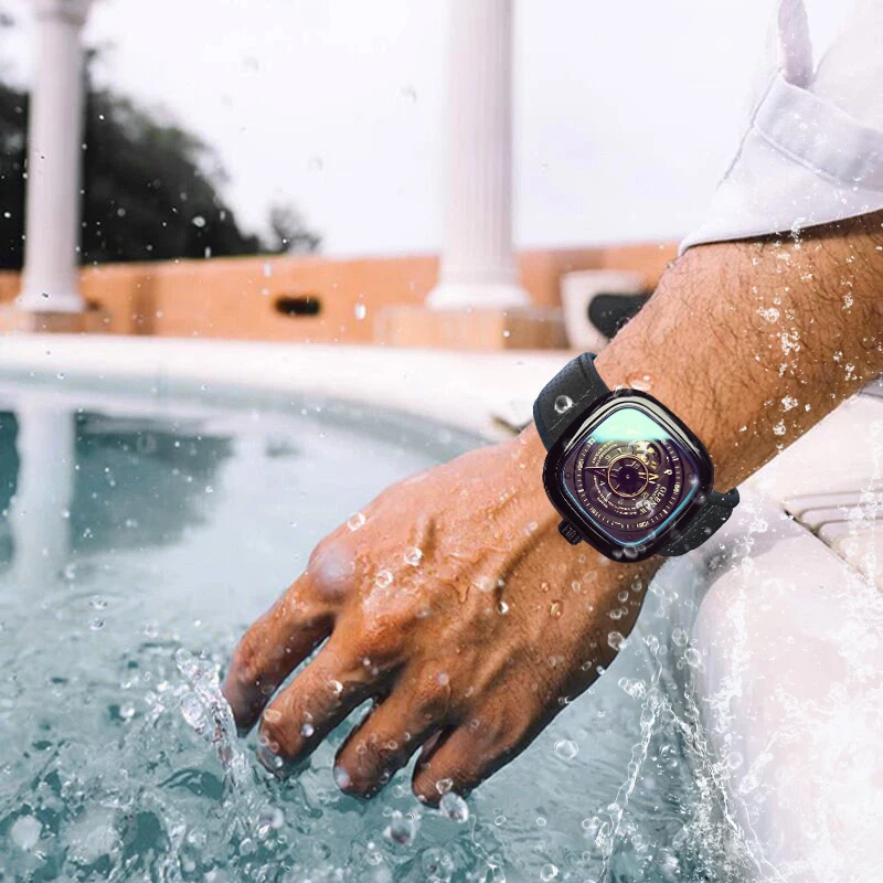 ساعة Glenaw ميكانيكية أوتوماتيكية بالكامل للرجال باللون الأسود، شخصية عصرية ومقاومة للماء