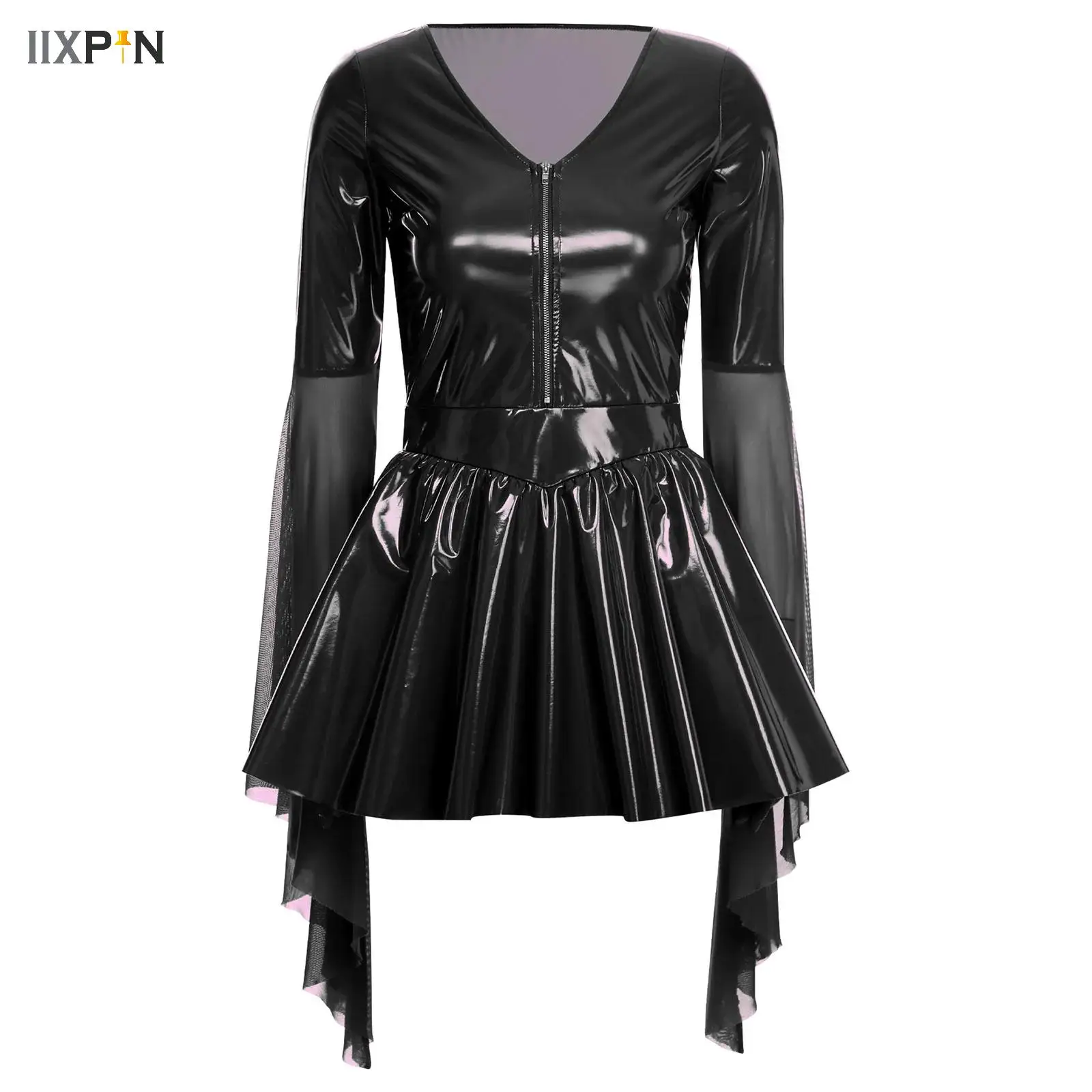 

Sexy Womens Glossy Patent Leather Latex Dress Mesh Long Sleeves Gothic Punk Latex A-Line Club Mini Dress Halloween Clubwear