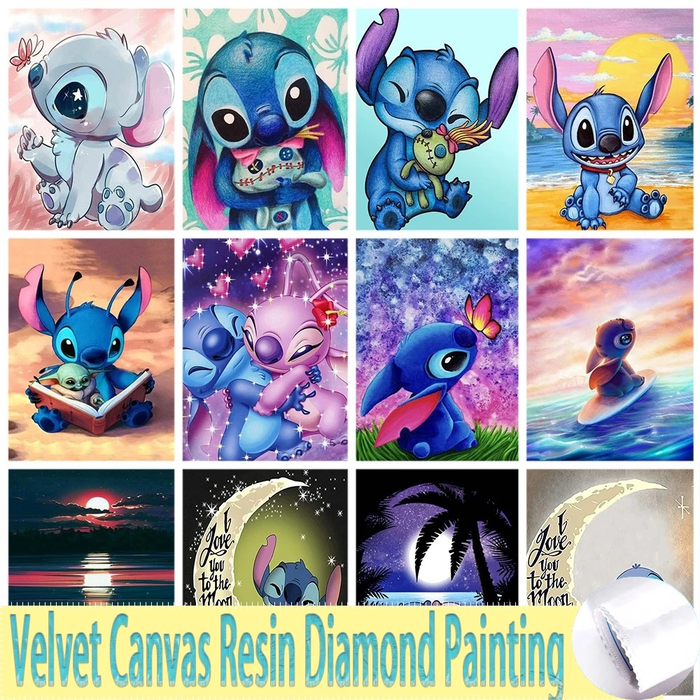 Disney Velvet Canvas Resin Diamond Painting Cartoon Lilo And Stitch DIY Full Square Mosaic Embroidery Moon Picture Wall Decor