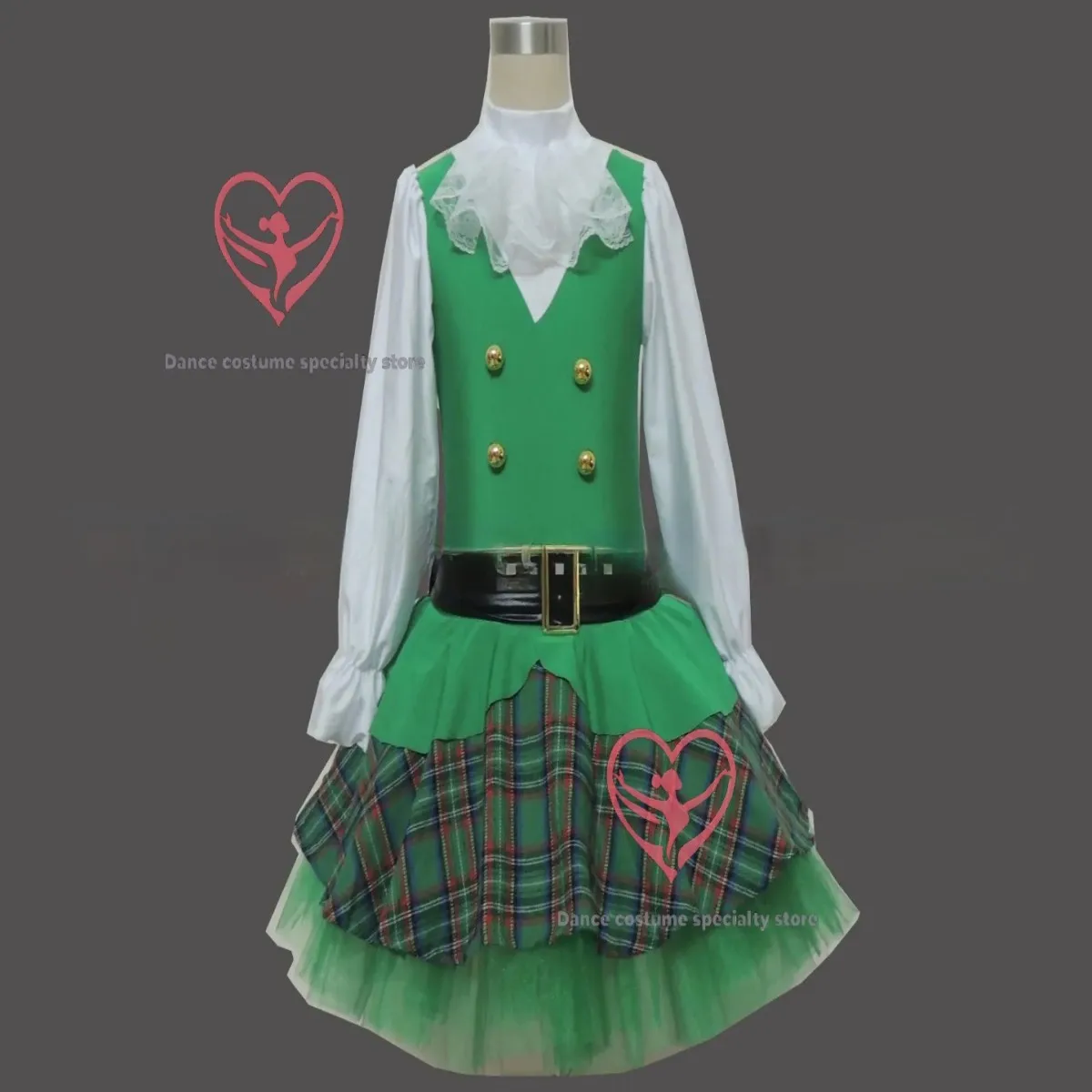 Kids Irish Style Dance Costume Plaid Pattern Green Tutu Skirt - view 2