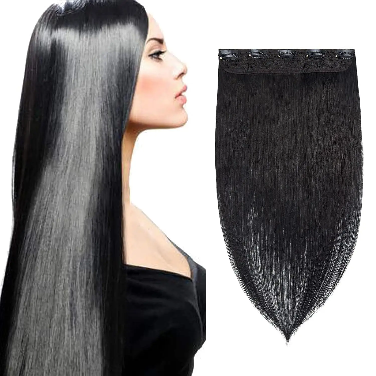 One Piece Clip in Hair Extensions 100% Real Human Hair 3/4 Full Head With 5 Clips 16-26 Inch Straight Natural Black #1 For Women