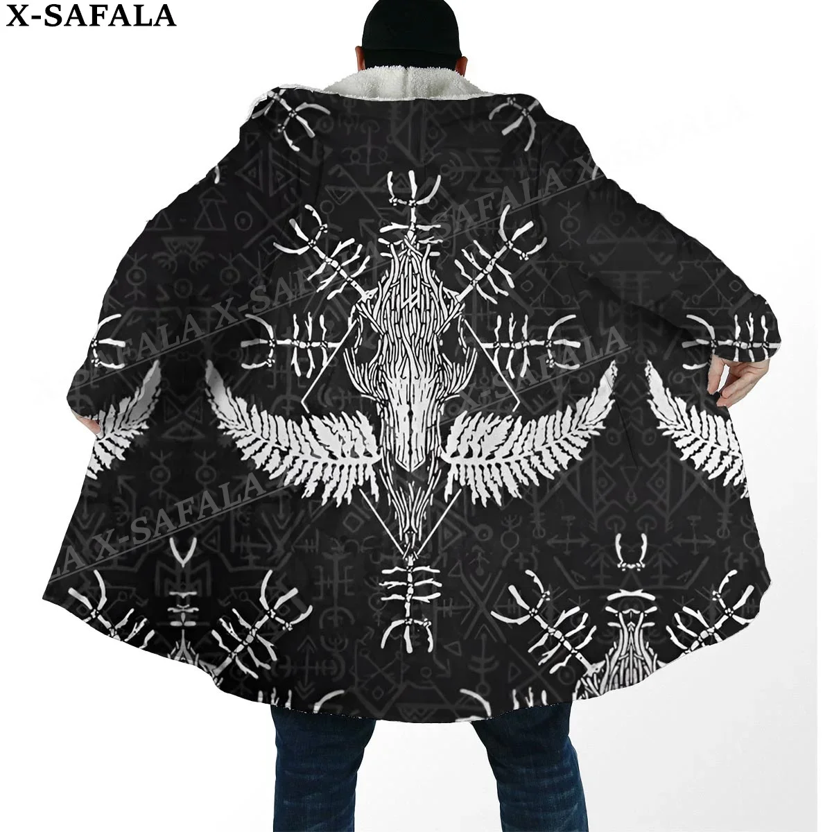 Viking Line Tattoo Symbol Totems Art Thick Warm Hooded Cloak Men Overcoat Coat Windproof Fleece Cape Robe Hooded Blanket-1