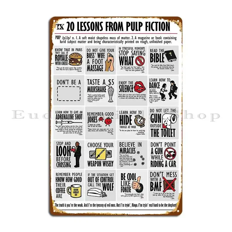 20 Lessons From Pulp Tarantino Metal Plaque Poster Printing Garage Create Garage Iron Tin Sign Poster