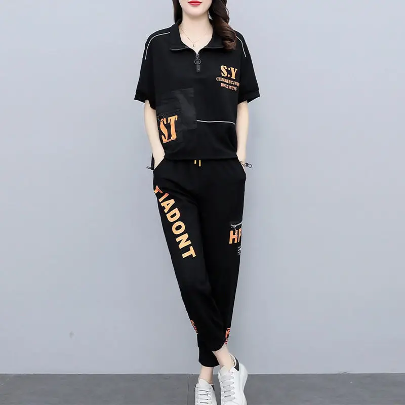 Summer New Sports Casual Women\'s Set Korean Edition Loose Spliced Short Sleeve Polo T-shirt+Long Pants Two Piece Set for Women