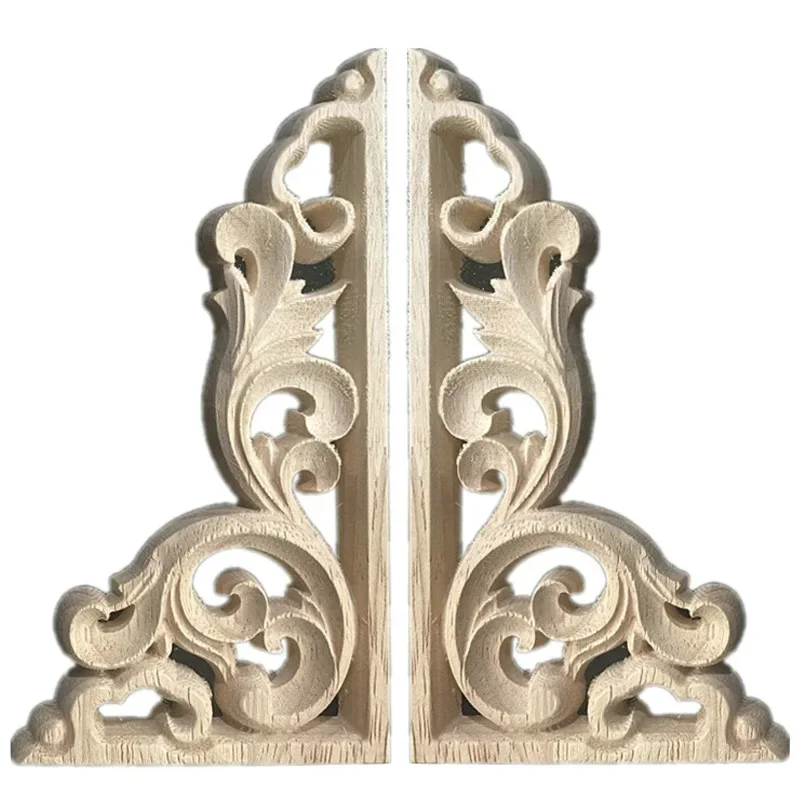 4PCS Solid Wood Applique Carved Mouldings Woodcarving Furniture Vintage Home Horn Flower NEW Carving Decoration Accessories