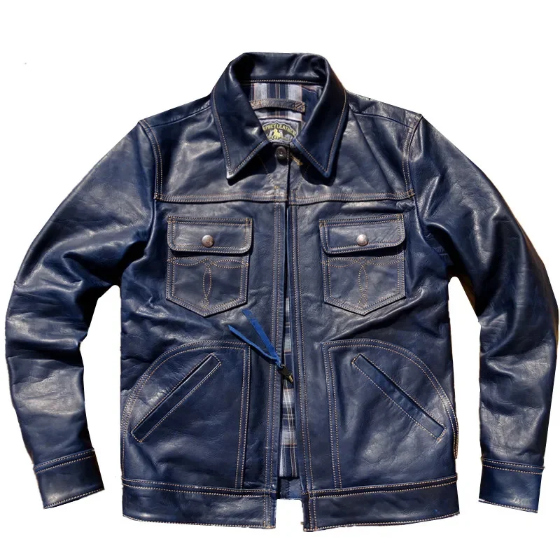 

Men's Leather Jacket Horsehide Multi-pockets Indigo Blue Classic Safari Military Western Style Autumn Spring Vintage Clothing