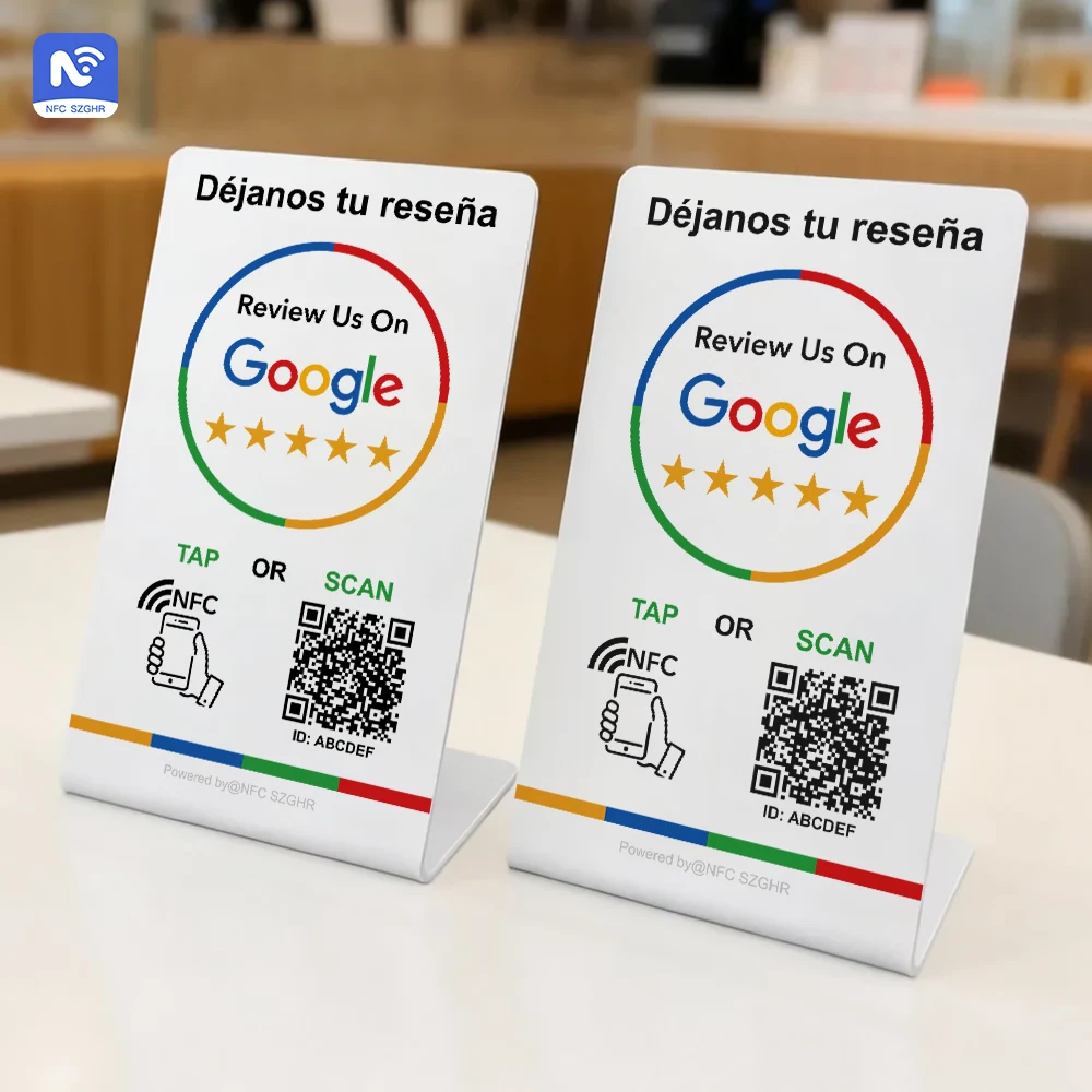 Spanish English QR code NFC Standing Sign Google review NFC215 Review Stand Click URL Unlimited Modification Editing QR Codes