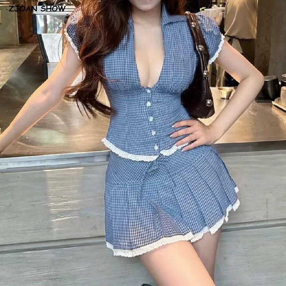

Sexy Blue Plaid Lapel V neck Short Puff Sleeve Shirt Tank Top + Women Bow Zipper Waist A-line Pleated Mini Skirt 2 Pieces 1 Set