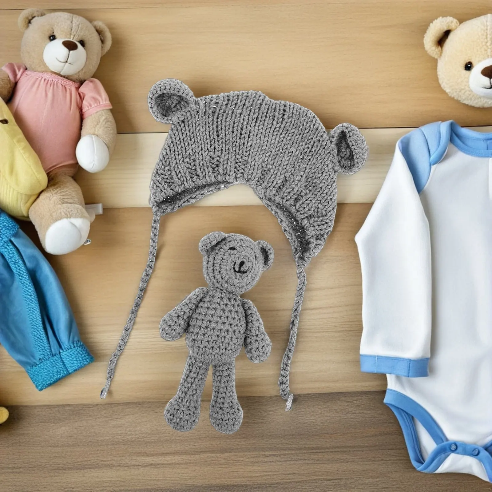 

1Set Baby Beanie Cute Bear Infant Beanie Set Soft Knit Winter Hat Newborn Toddler Photography Accessories Warm Infant Beanies