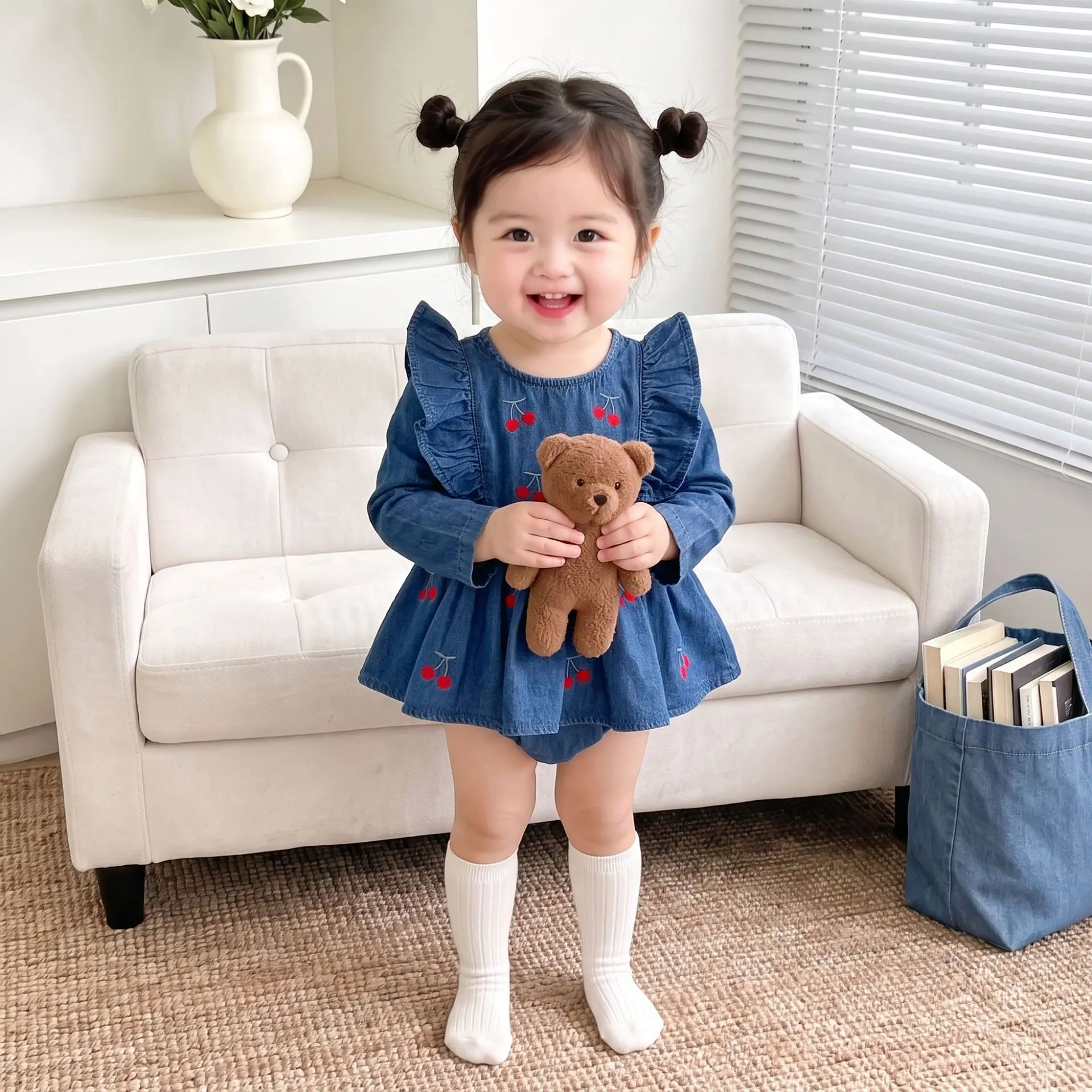 2026 New Fall Korean Baby Girls Denim Embroidered Romper Dress | Crewneck Bodysuit Crawler | Full Moon 1st Birthday Outfit
