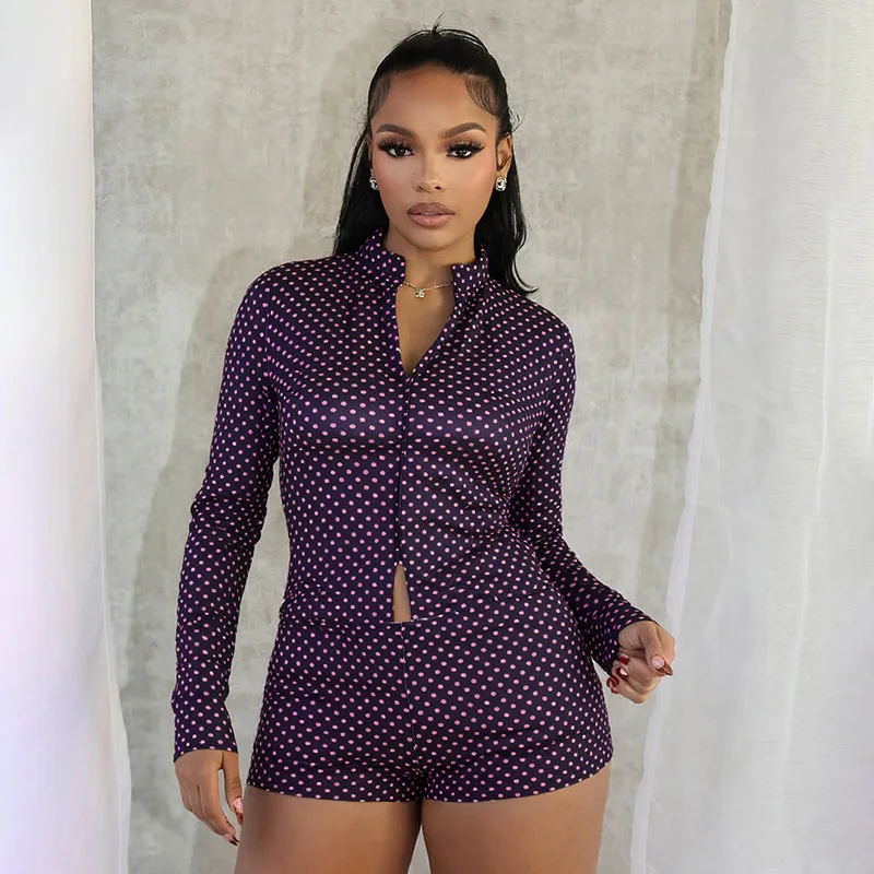 

STYLISH LADY Polka Dots Printed Elegant 2 Piece Set Women Long Sleeve Crop Top and Shorts Suits 2025 Autumn Slim OL Outfits