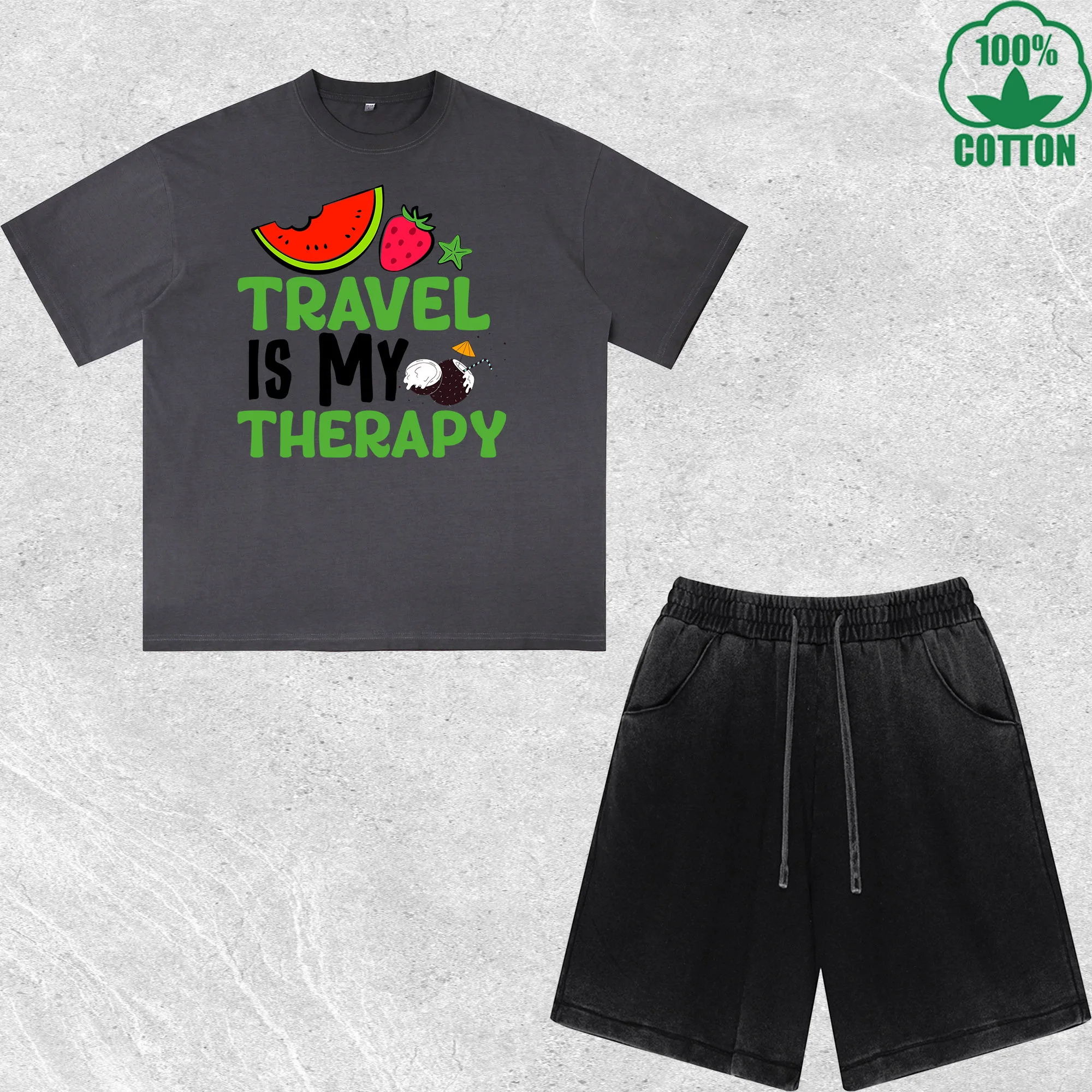 

Travel is my Theraphy Printed Dirty Wash T-Shirt Shorts Set Combo Loose Trendy Fashionable 100%Cotton Black Suit