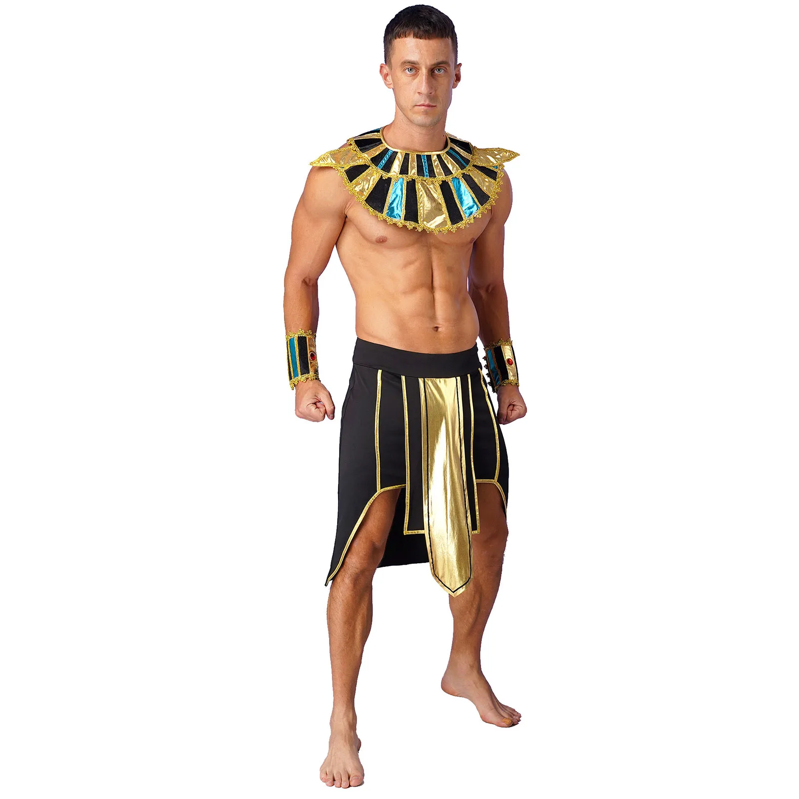 Mens Sexy Ancient Egypt Costume 3 Piece Egyptian Pharaoh Role Play Outfits Metallic Trim Skirt with Cuffs Self-tie Collar Wrist