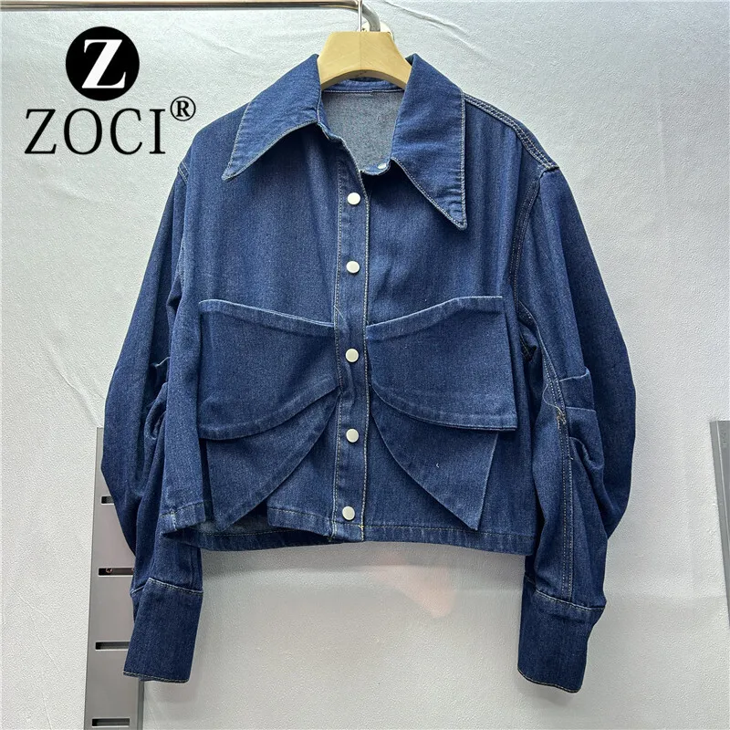 [ZOCI] autumn new denim long sleeved short style niche bow pleated design top women's shirt jacket