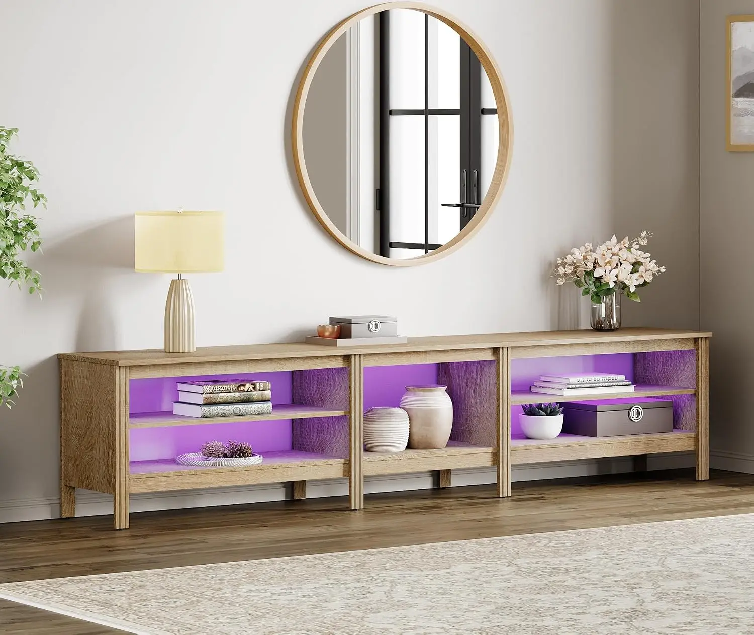 LED TV Stand 85 Inch Entertainment Center Console 16 Color Light 5 Storage Cubby Living Room Bedroom Oak, Customized