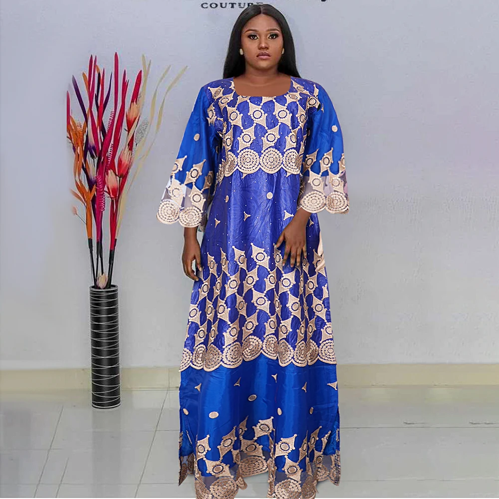 H&D Women Traditional African Dresses Bazin High Quality Embroidery Dresses Blue Traditional Dress for Wedding Party Occasions