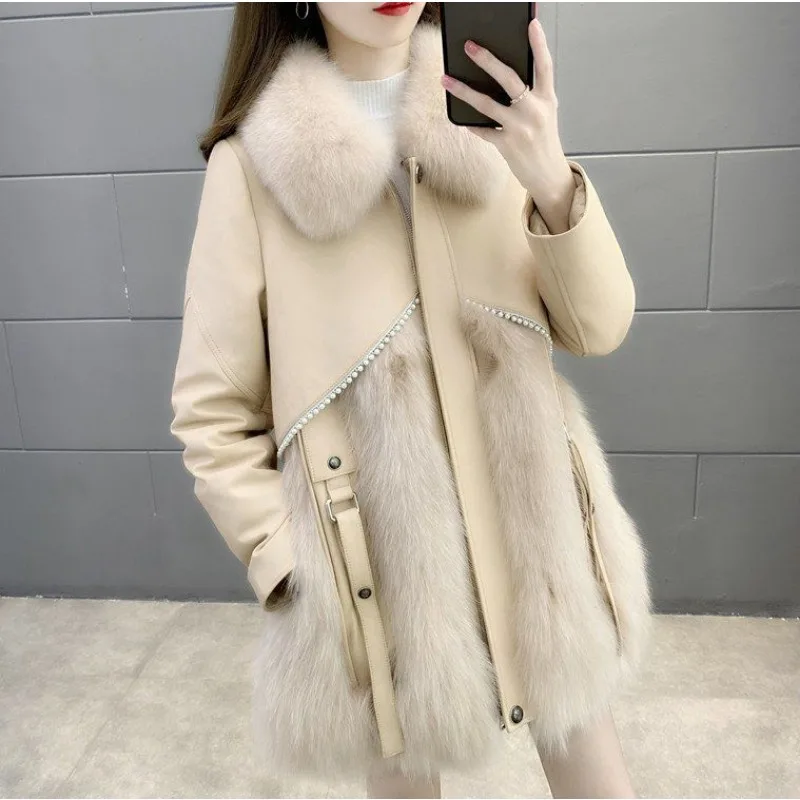 2023 Winter New Women Faux Fox Fur Coat Fashion Casual Mid length version Warm Outcoat Female temperament solid color outwear