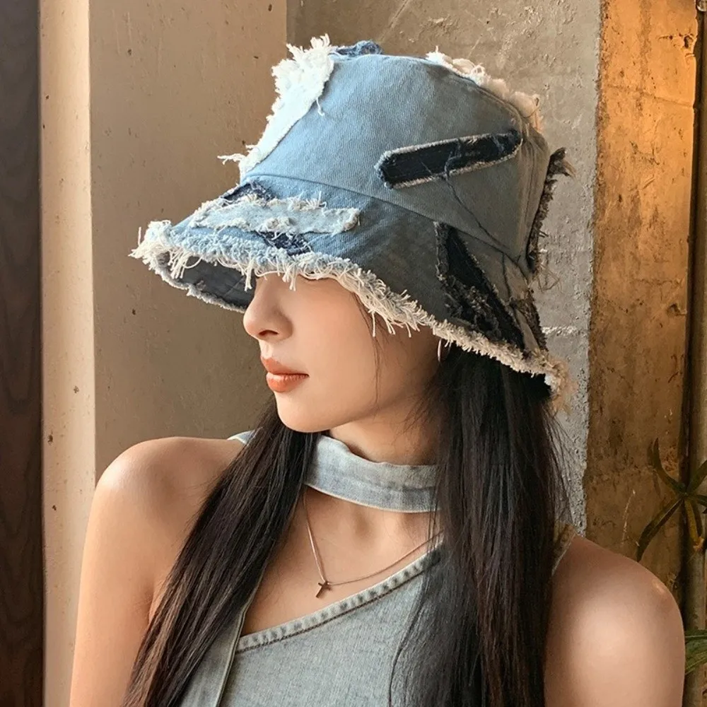 خمر الدنيم الياباني قبعة بحافة مرقع المتسول نمط الرجعية صياد قبعة الأزرق الربط الشمس حماية حوض قبعة النساء #4