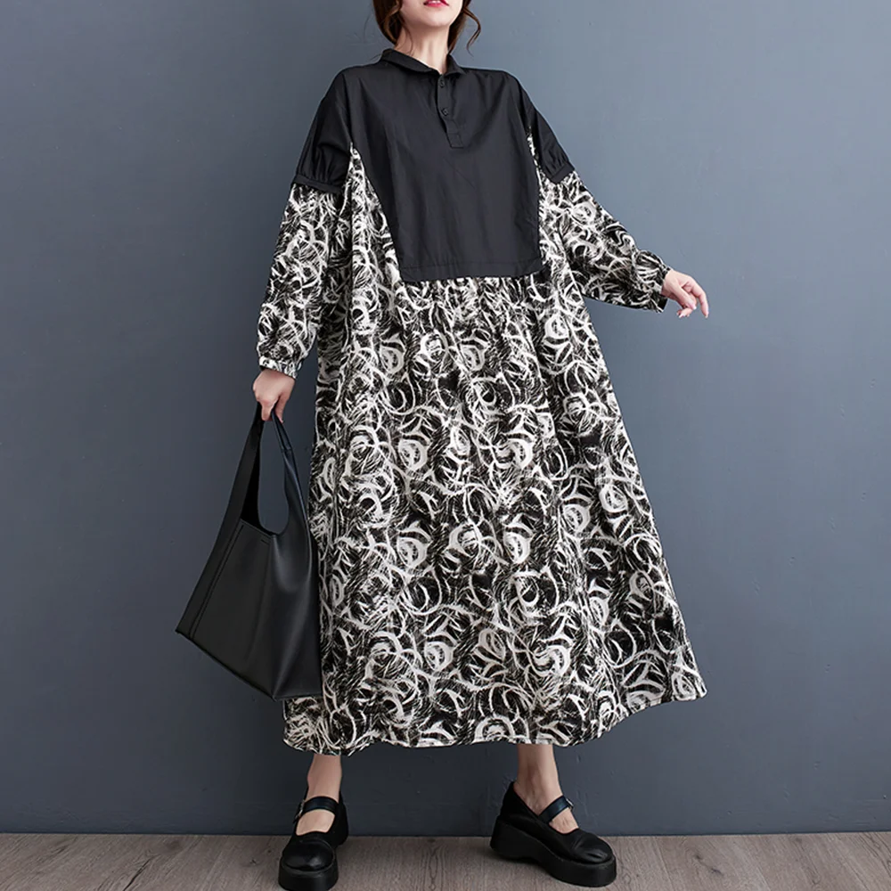 

Contrast Color Print Shirt Dress Loose Fashion Long Sleeve Turn-down Collar Women Autumn Casual Dress Plus Size Summer Clothes