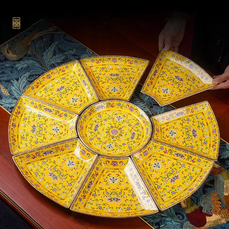 

Creative Enamel Colored Ceramic Dinner Plate Set Chinese Classical Lotus Branch Bone Porcelain Swing Plate Family Tableware