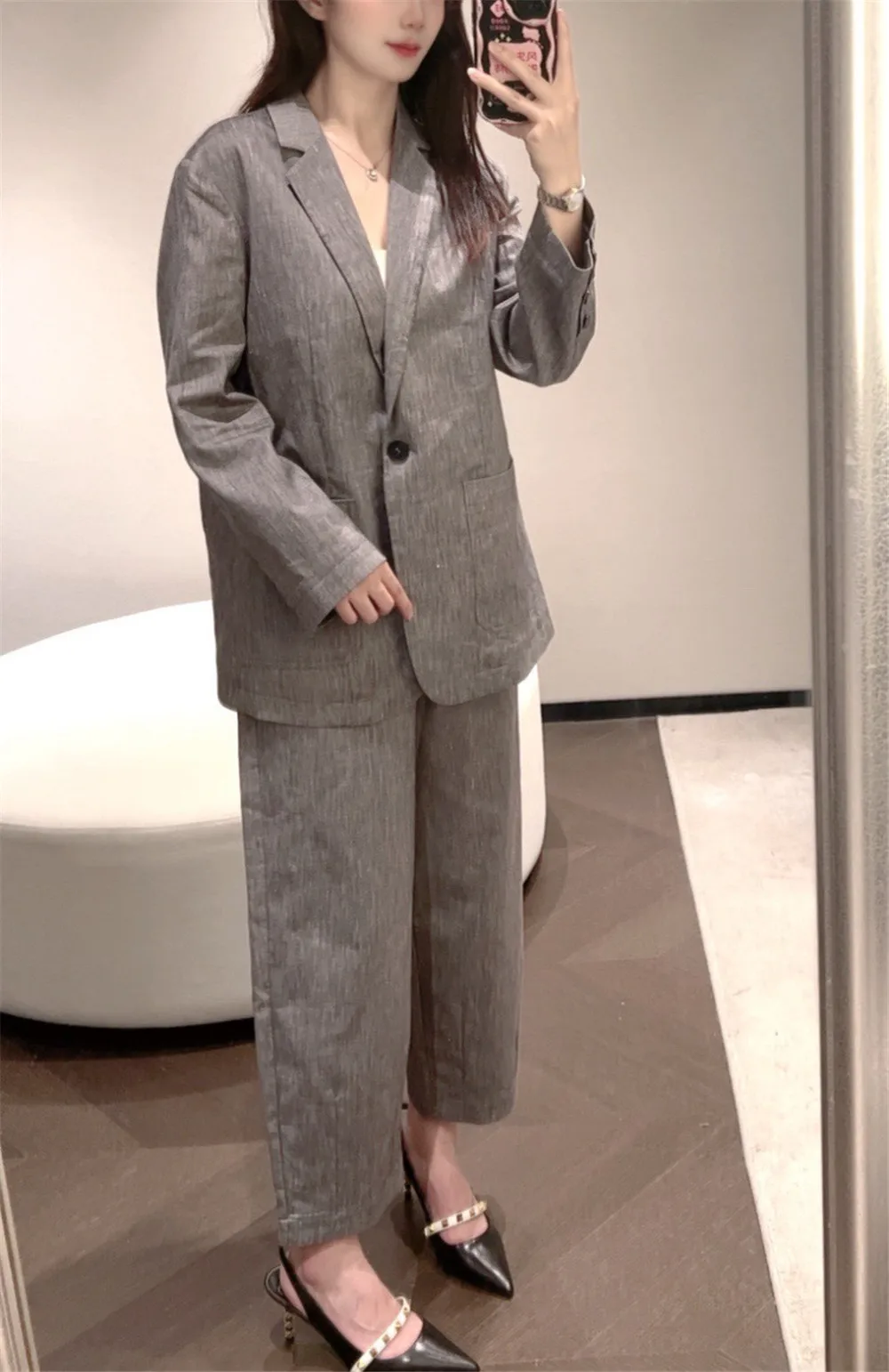 

High Quality Women's Pants Suit Long-sleeved Blazer Jacket +High Waist Carrot Pants 2-Piece Set