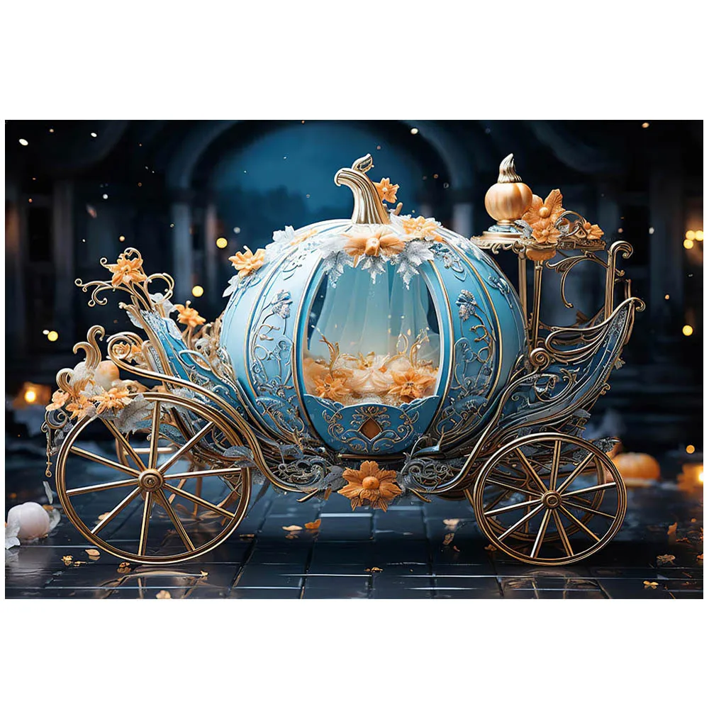 Mocsicka Blue Pumpkin Carriage Backdrop for Photography Fairy Princess Girl Portrait Photo Background for Studio Photocall Props