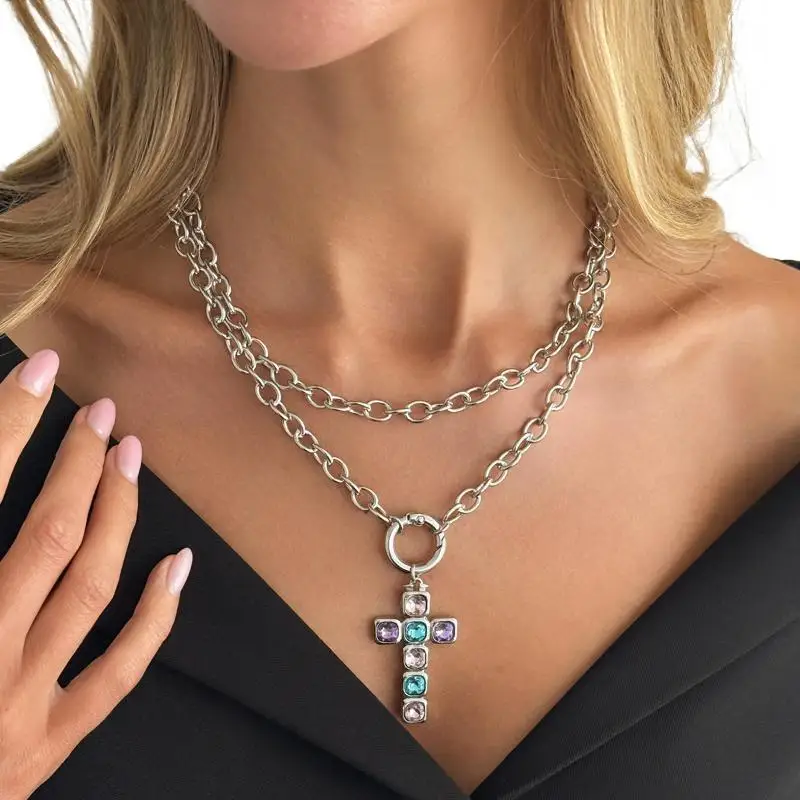 Kreuzanhänger-Halskette mit Bunten Glas-Strasssteinen, Trendiger Exquisiter Halloween-Schmuck für Damen-Accessoires – Detail 10