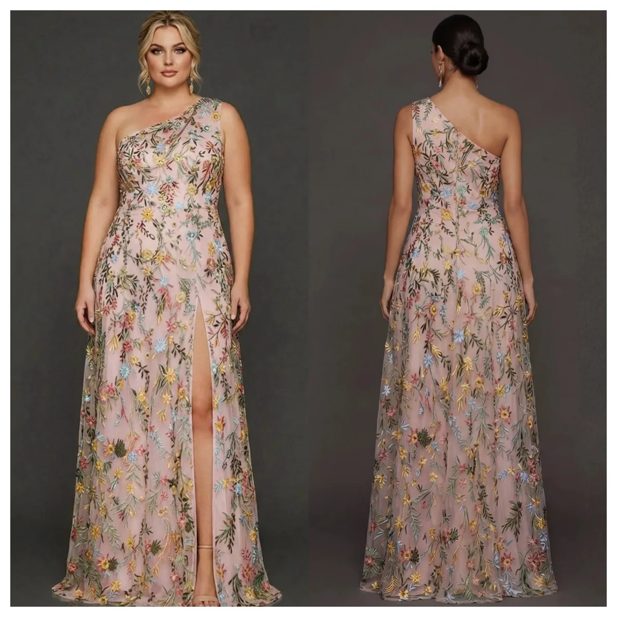 Plus Size Custom One Shoulder Tulle Ball Gown Colorful Floral Embroidered Floor Length Evening Gown Girls Wedding Bridesmaid