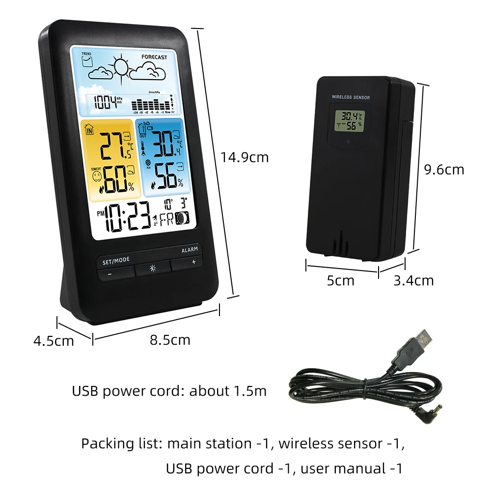 LCD Weather Station Alarm Clock with Snooze Digital Temperature Humidity Monitor Backlight/ Date/ Week/ Moon Phase/ Comfort