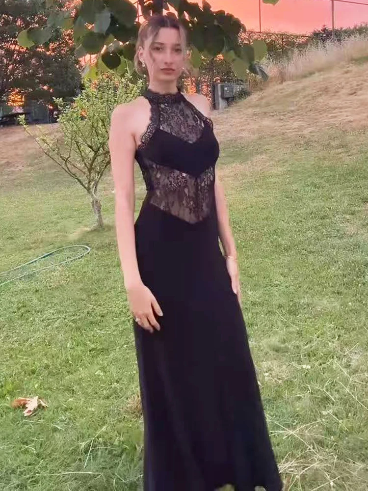 Women's Halter Maxi Dress With Lace Black Mesh Sheer Sleeveless Slimming Dress For Women Elegant Party Dress Female Evening Gown view 3