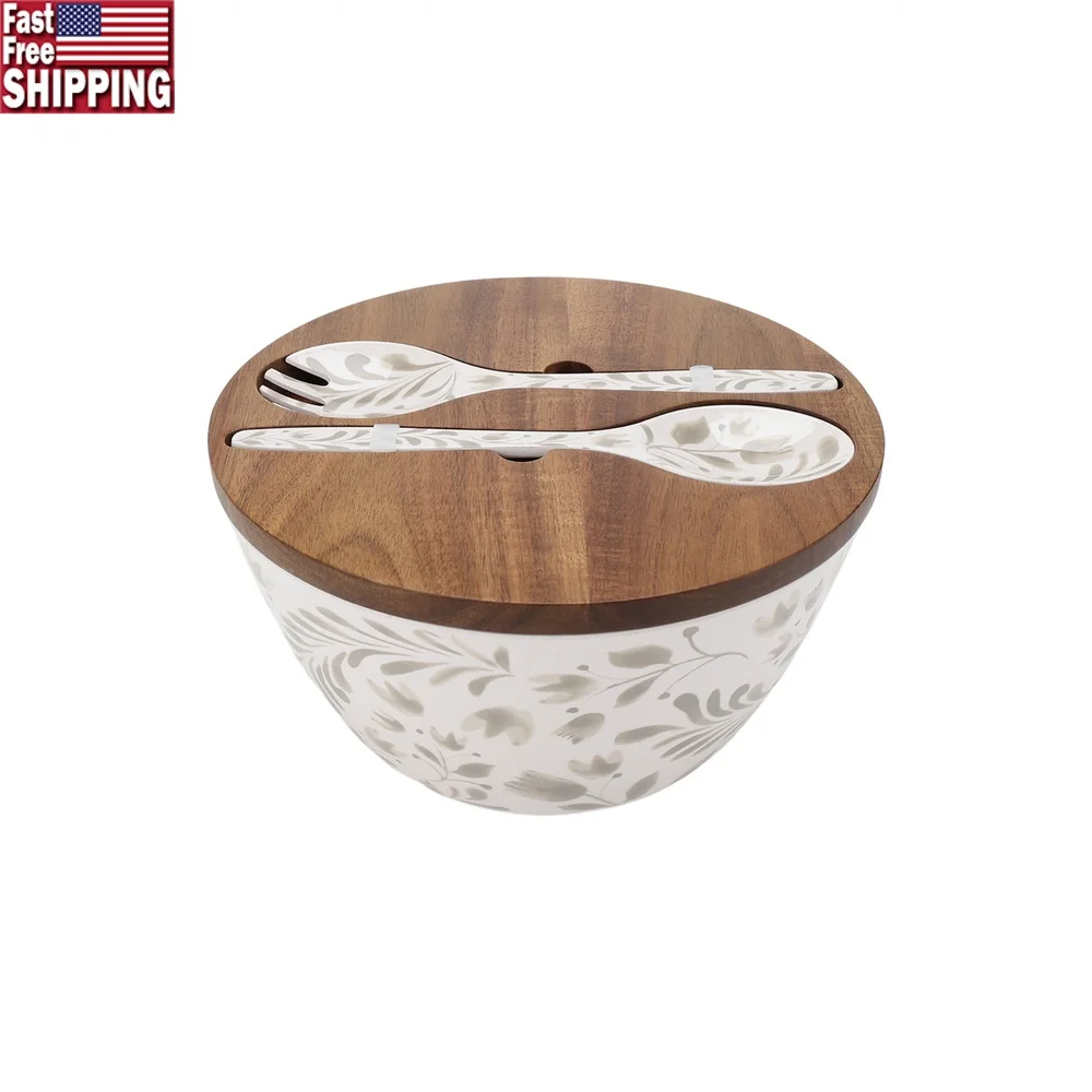 

4 Piece Bamboo Melamine Salad Bowl Utensil Set with Acacia Wood Lid Lightweight Shatter Resistant Dishwasher Safe Ideal Indoor
