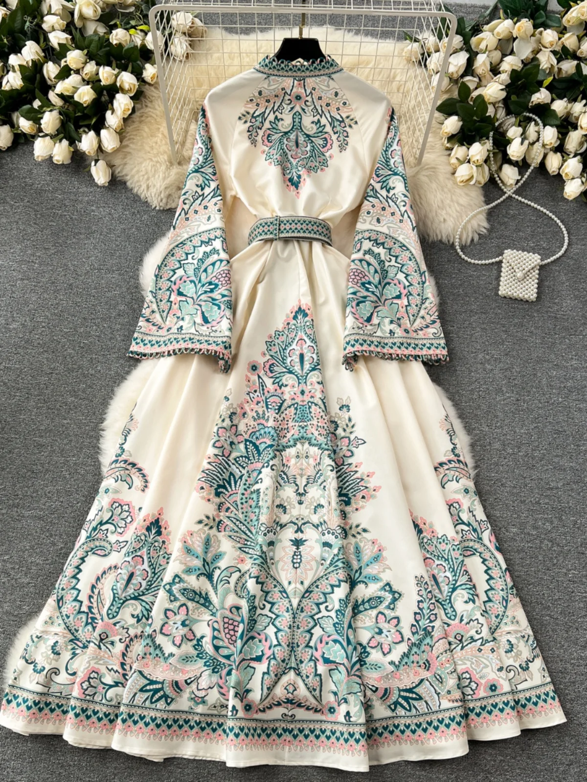 Retro Gericht Sle Floral Print Dr frauen Hohe Taille Lose Bell Sve Kleid Koreanische Version A-Line Midi Dr Frühling neue