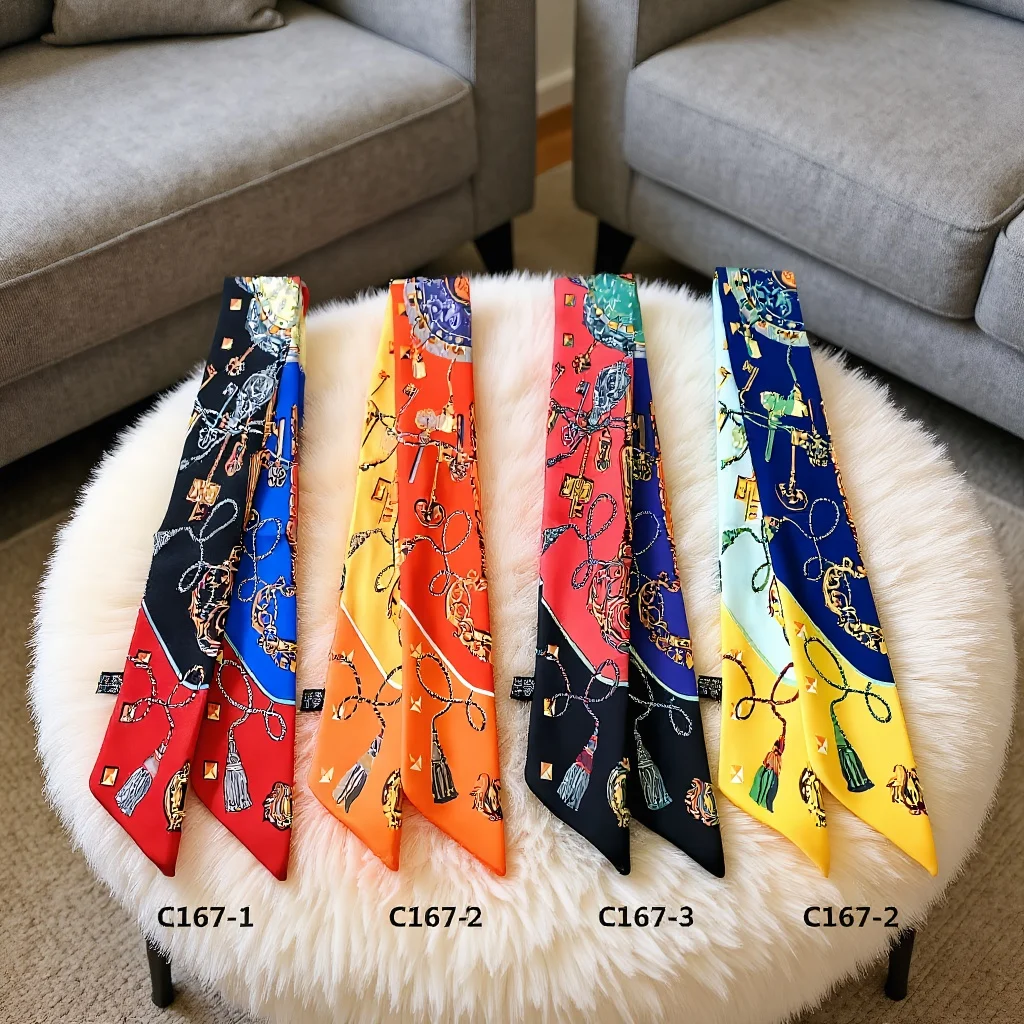 Print Scarf Four Seasons Present Women Twill Small Silk Wrap Bag Handle Ribbon Hair Band Neck Tie Accessories Wholesale Price