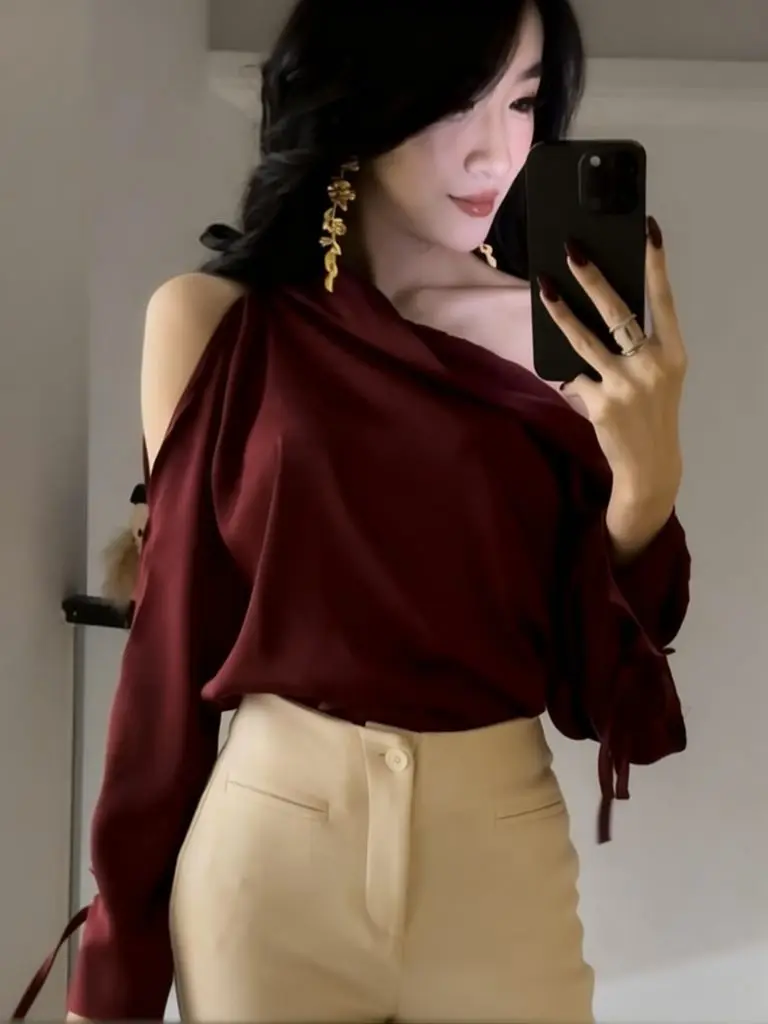 Elegant Silk Satin Off Shoulder Top Women Long Sleeve T Shirt Sexy Loose Casual Basic Tees Lady One Shoulder Blouse