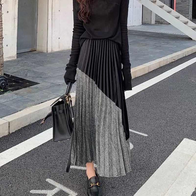 Women New Autumn and Winter Velvet Splicing Elasticized High-waisted Fashion Commuting Minimalist Casual A-line Pleated Skirt