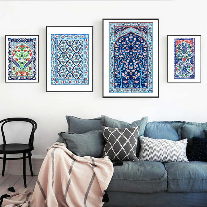 Turkish Ornament Tile Watercolor Art Painting Ottoman Iznik Tile Design Canvas Poster Traditional Istanbul Floral Prints Decor