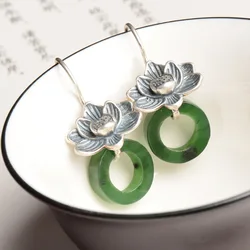 Designer original 925 silver inlaid natural Hetian jasper earrings for women Exquisite lotus Eardrop elegant classic jewelry