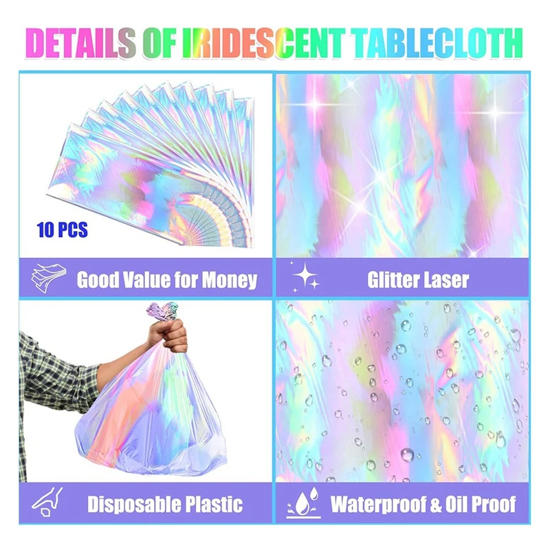 10 Pack Colorful Laser Tablecloth Holographic Table Cloth 54 X 108 Inch Rectangle Disco Table Cloth