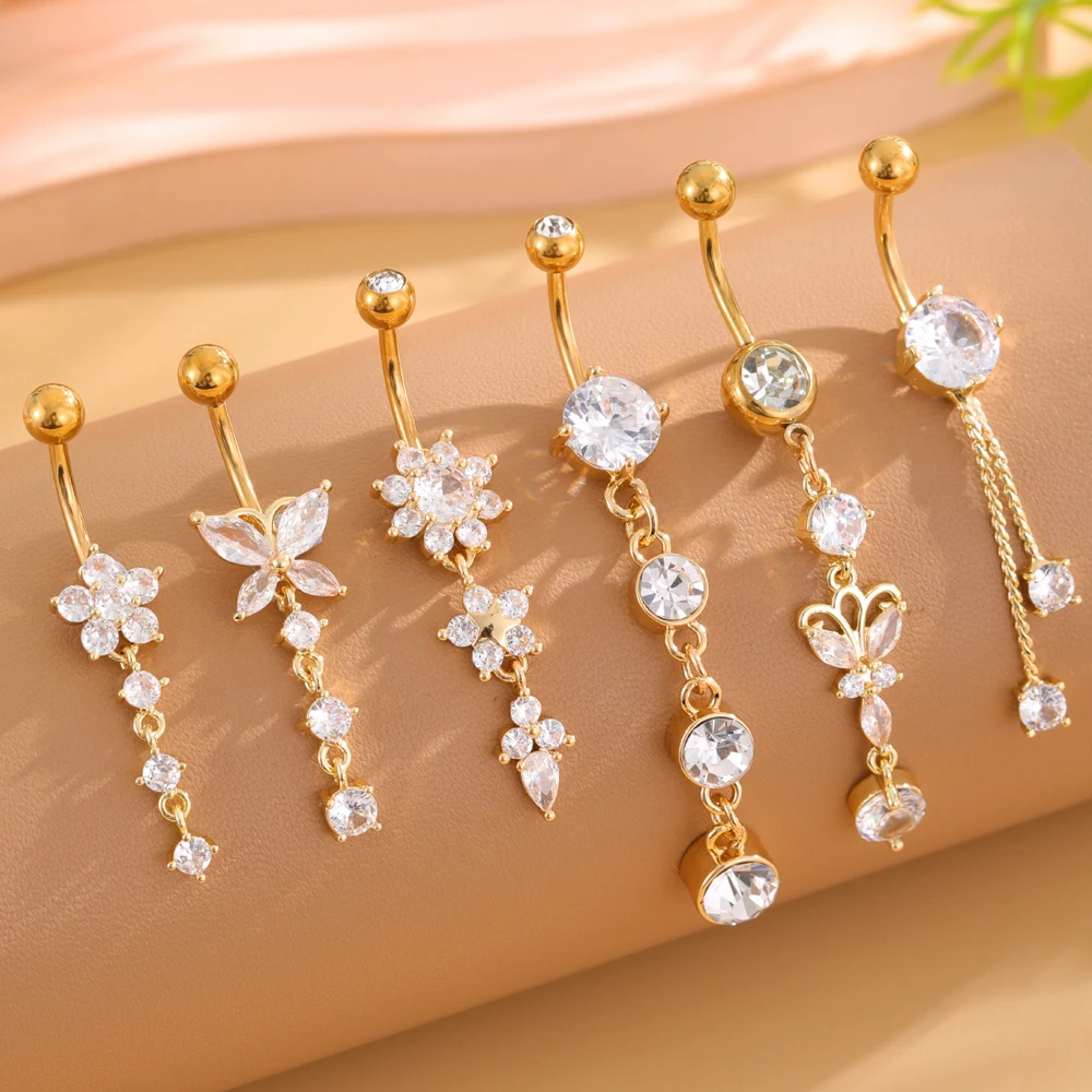 3-6pcs Long Dangled Belly Button Ring Sets Heart Butterfly Pearl Curved Navel Ring Lot Stainless Crystals CZs Belly Piercings