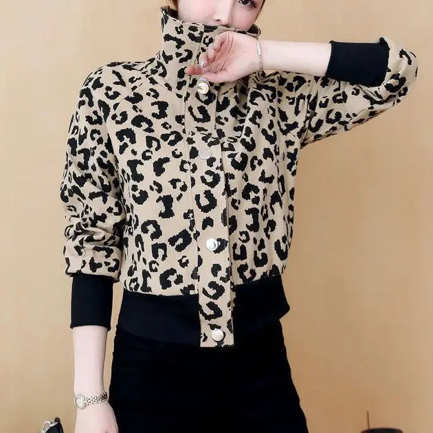 2023 Spring and Autumn Fashion Trend Loose Fitting Casual Standing Collar Leopard Print Westernized Short Versatile Women\'s Coat