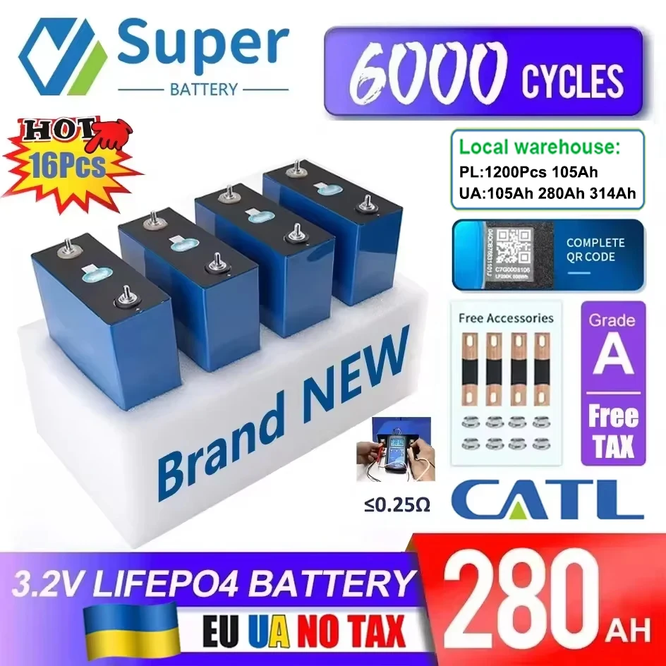 3.2V 280Ah LiFePO4 Battery Rechargeable CATL Cell New EVE 105Ah Grade A Free Busbar For DIY 12V 24V 48V Battery Pack UA FREE TAX