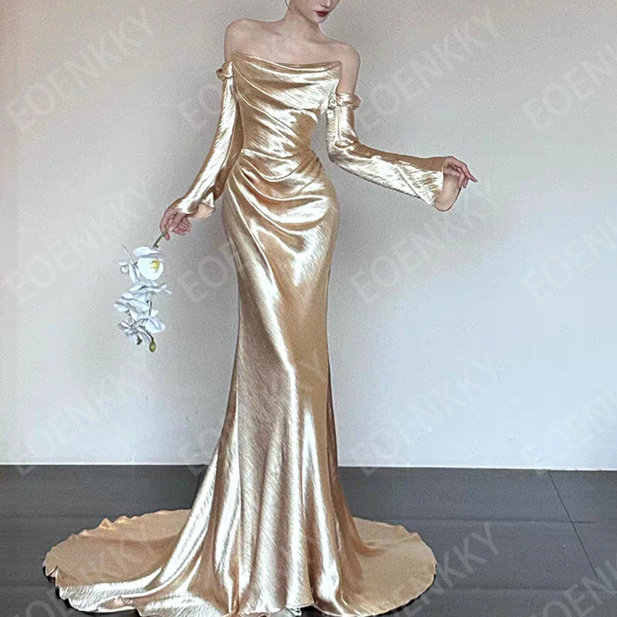 

EOENKKY Saudi Arabia Off Shoulder Evening Dresses Woman Elegant Mermaid Long Sleeves Pleats Party Dress فساتين سهرة Customized