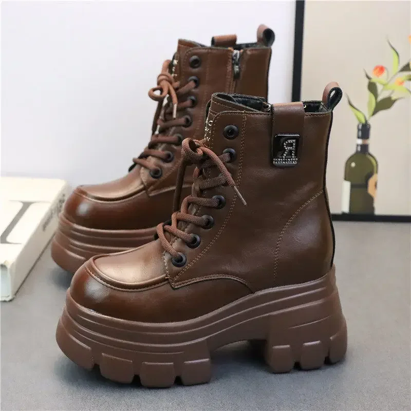 Plus Size Women Platform Hidden Heel 10cm Boots Autumn Winter Lace Up Fur Short Boots Elevator Fashion Ankle Boots