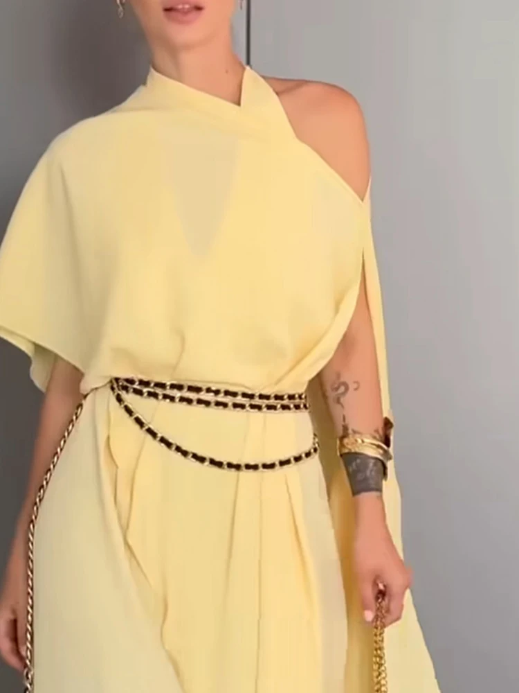 

Summer Casual Sleeveless Hollow Out Playsuits Elegant Lady Mesh Irregular Pleat Rompers Fashion Solid Color High Waist Jumpsuits